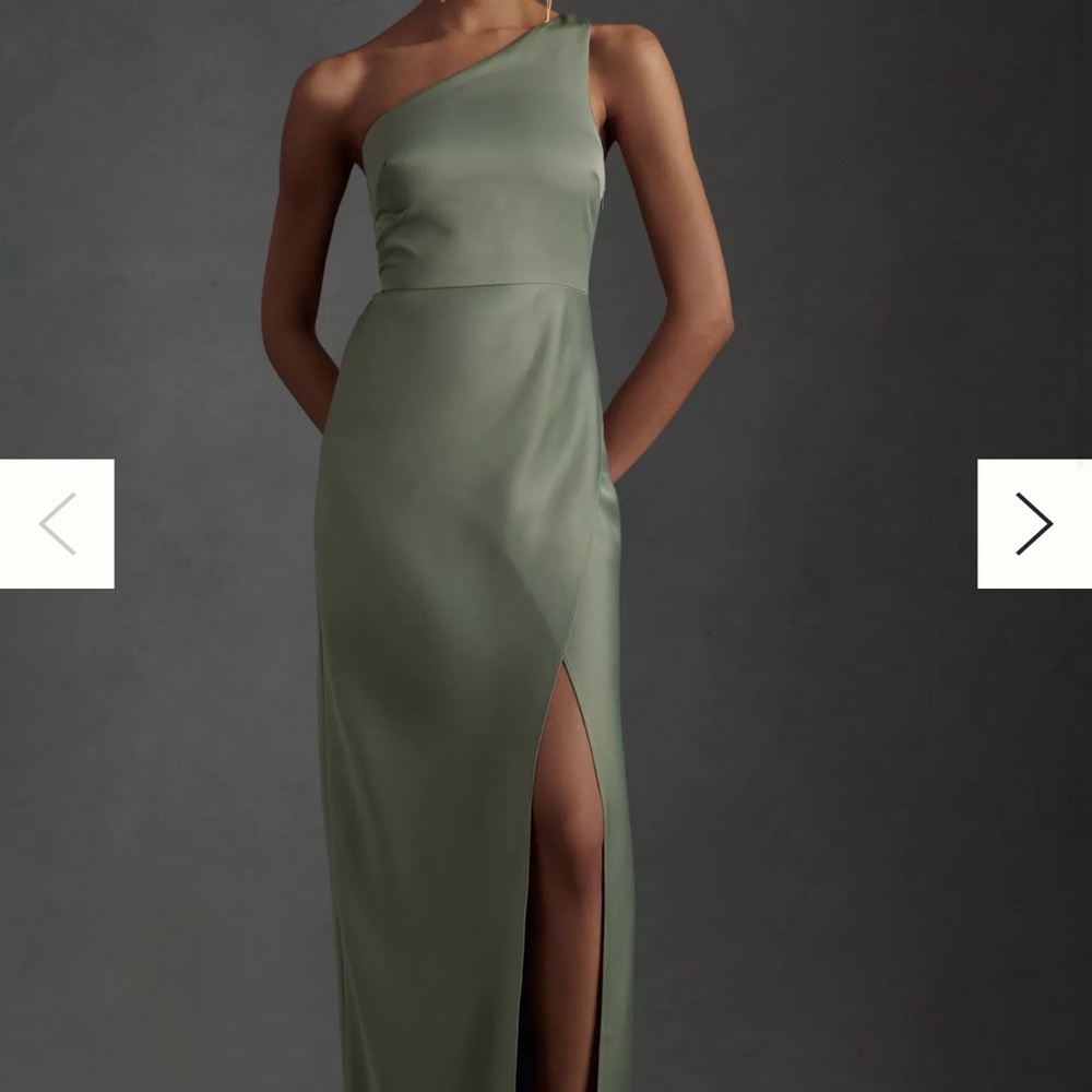 BHLDN Sage Green Bridesmaid One-Shoulder Gown with Slit